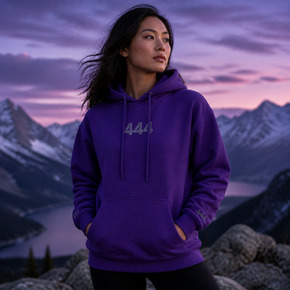 444 Snowy Mountain Angel Number Hoodie in Purple – Bright Future product image