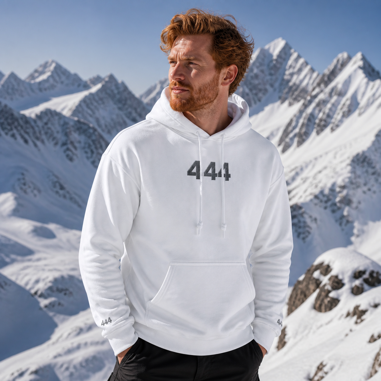 444 Snowy Mountain Angel Number Hoodie in White – Bright Future product image