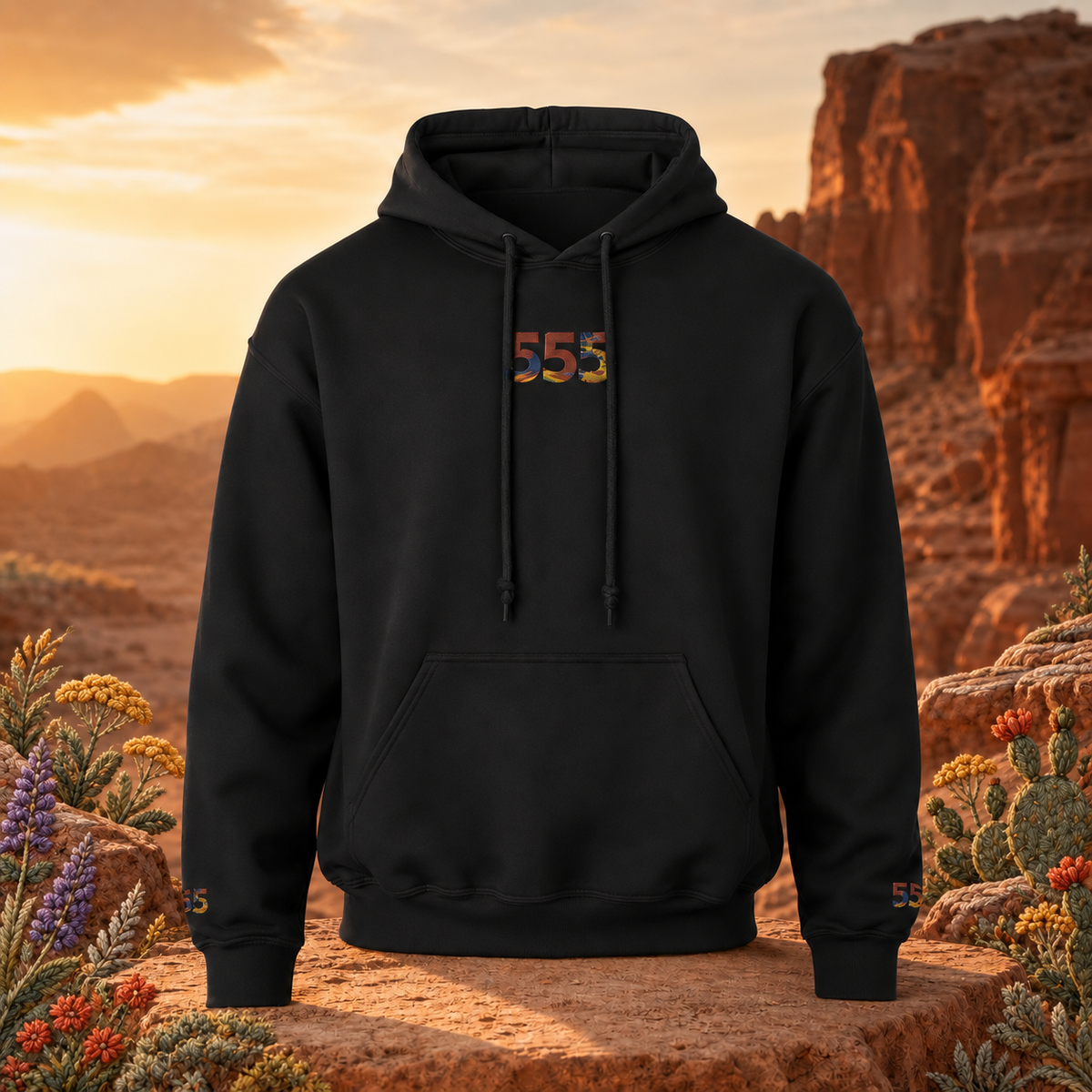 555 Desert Angel Number Hoodie in Black – Bright Future product image — original product in a realistic nature scene with embroidered environmental details.