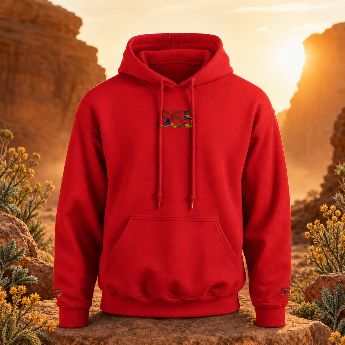 555 Desert Angel Number Hoodie in Cherry Red – Bright Future product image — original product in a realistic nature scene with embroidered environmental details.