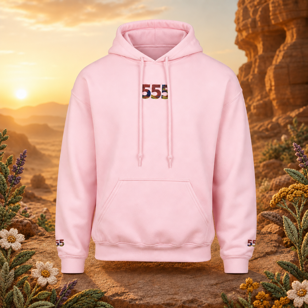 555 Desert Angel Number Hoodie in Light Pink – Bright Future product image — original product in a realistic nature scene with embroidered environmental details.