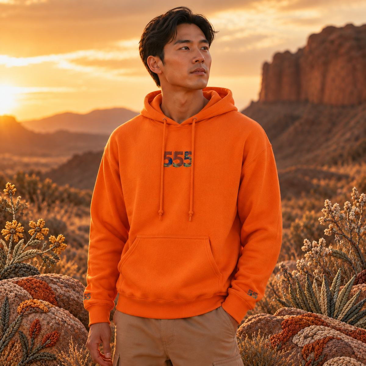 555 Desert Angel Number Hoodie in Orange – Bright Future product image — realistic model in an embroidered nature scene.