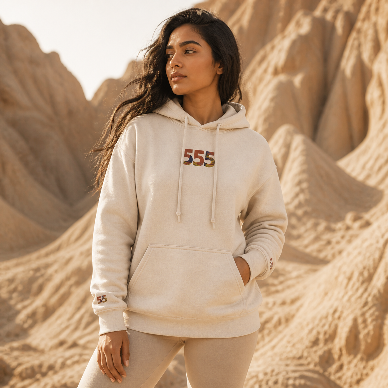 555 Desert Angel Number Hoodie in Sand – Bright Future product image
