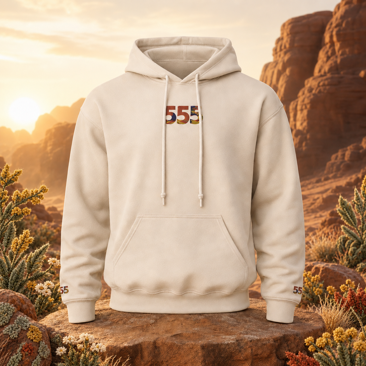 555 Desert Angel Number Hoodie in Sand – Bright Future product image — original product in a realistic nature scene with embroidered environmental details.