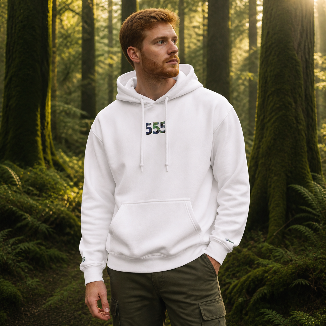 555 Forest Angel Number Hoodie in White – Bright Future product image