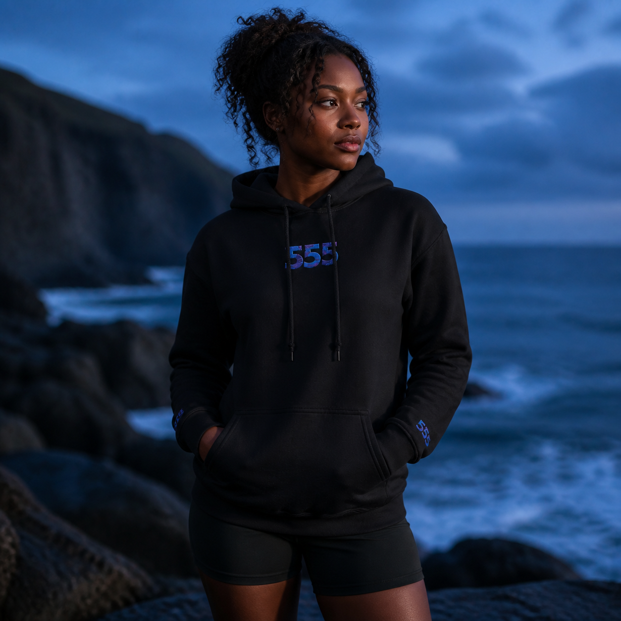 555 Ocean Angel Number Hoodie in Black – Bright Future product image