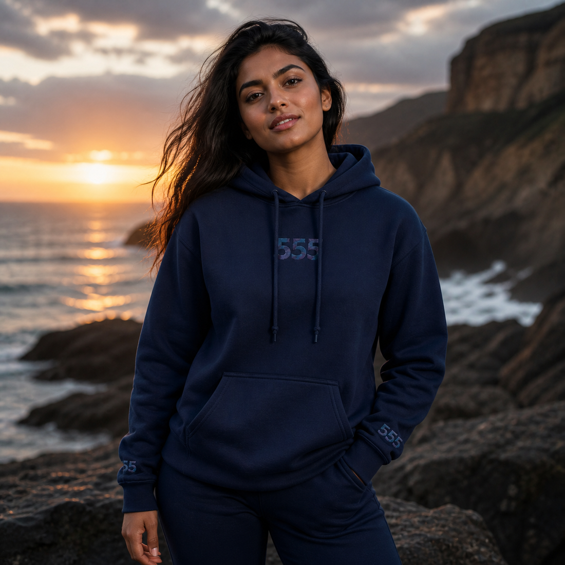 555 Ocean Angel Number Hoodie in Navy – Bright Future product image
