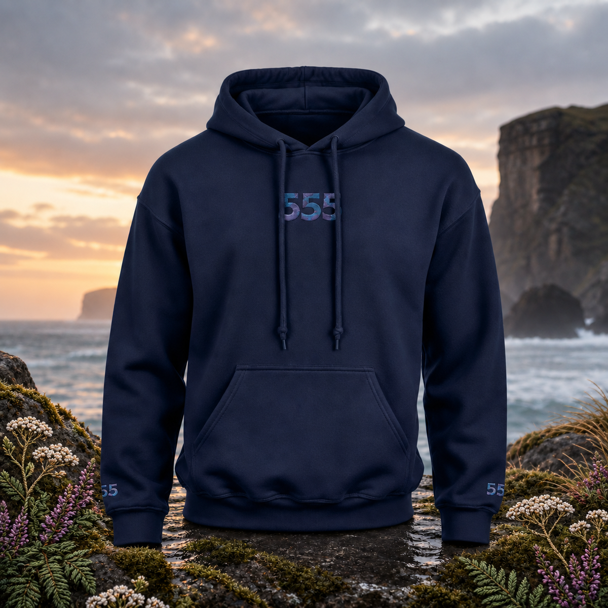 555 Ocean Angel Number Hoodie in Navy β Bright Future product image β original product in a realistic nature scene with embroidered environmental details.