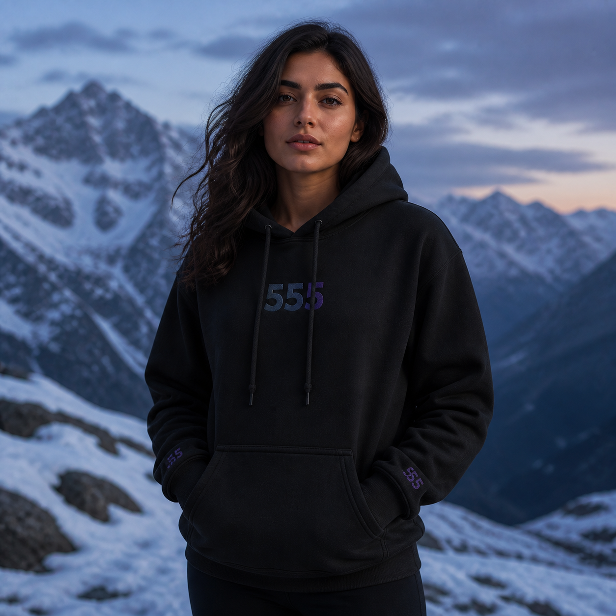 555 Snowy Mountain Angel Number Hoodie in Black – Bright Future product image
