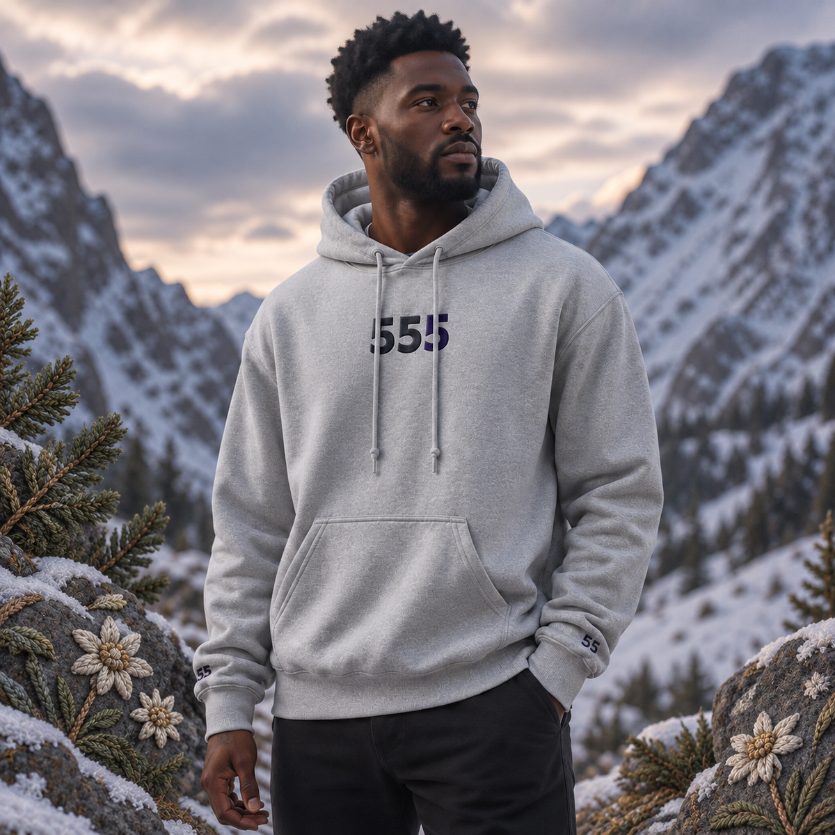 555 Snowy Mountain Angel Number Hoodie in Graphite Heather β Bright Future product image β realistic model in an embroidered nature scene.