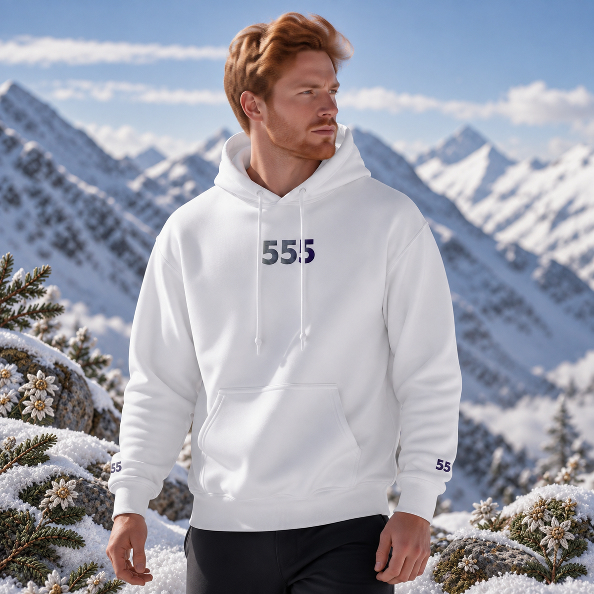 555 Snowy Mountain Angel Number Hoodie in White β Bright Future product image β realistic model in an embroidered nature scene.