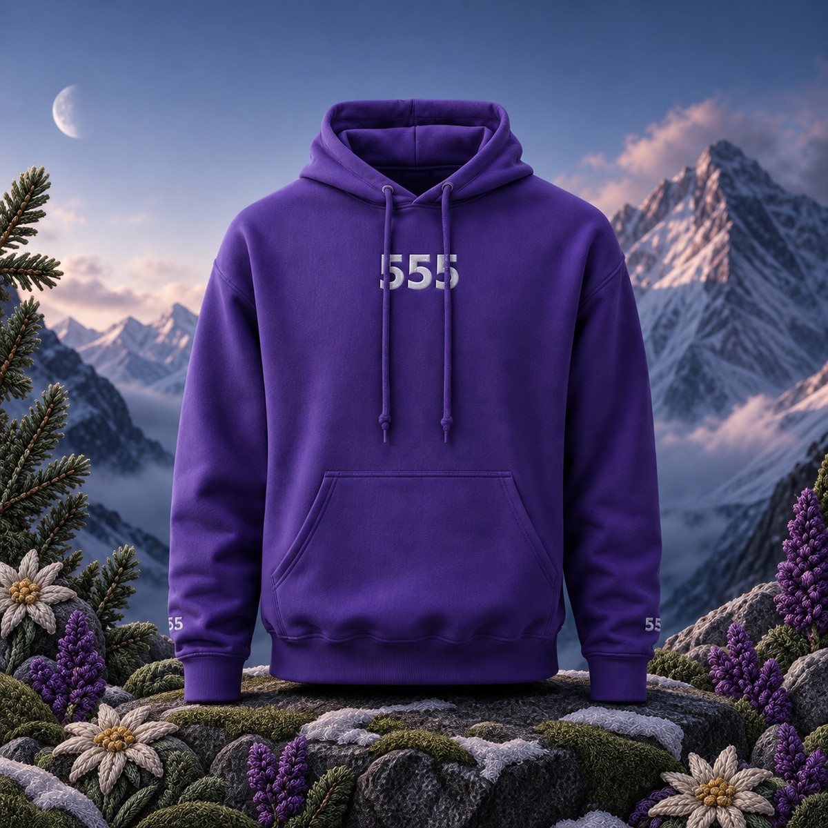 555 Snowy Mountain Angel Number Hoodie in Purple β Bright Future product image β original product in a realistic nature scene with embroidered environmental details.