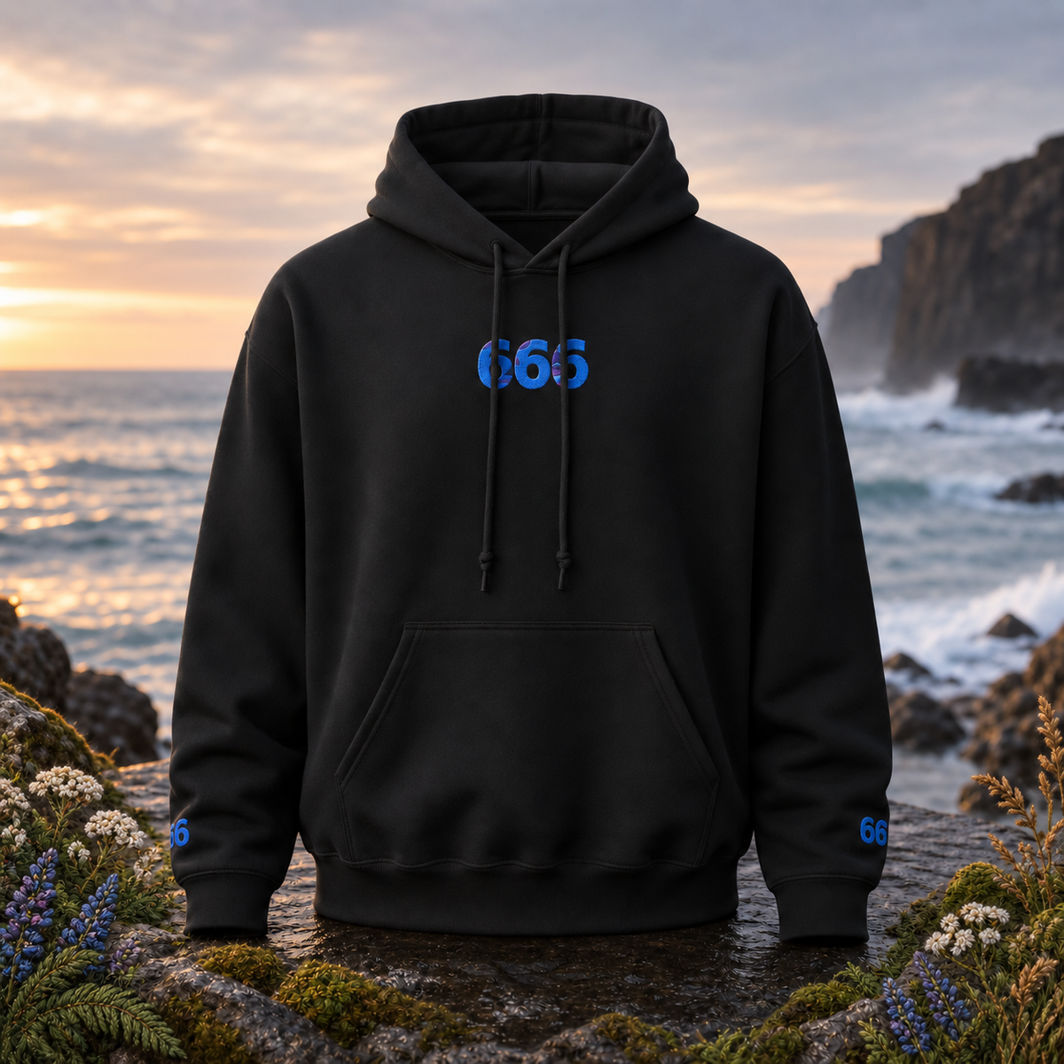 666 Ocean Angel Number Hoodie in Black β Bright Future product image β original product in a realistic nature scene with embroidered environmental details.