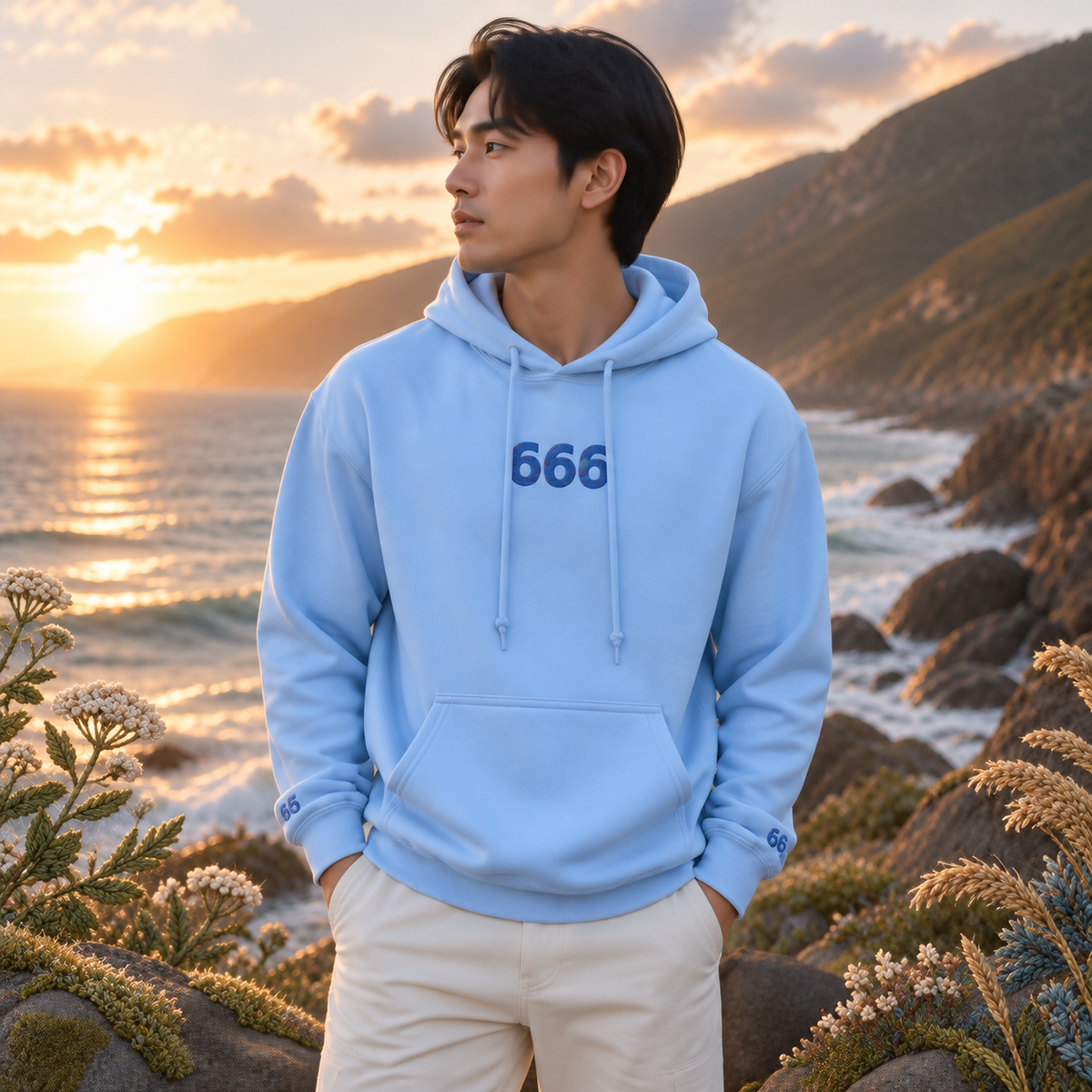 666 Ocean Angel Number Hoodie in Light Blue β Bright Future product image β realistic model in an embroidered nature scene.