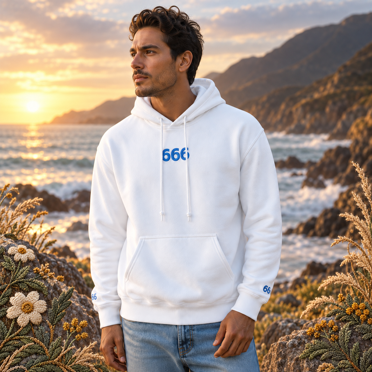 666 Ocean Angel Number Hoodie in White β Bright Future product image β realistic model in an embroidered nature scene.