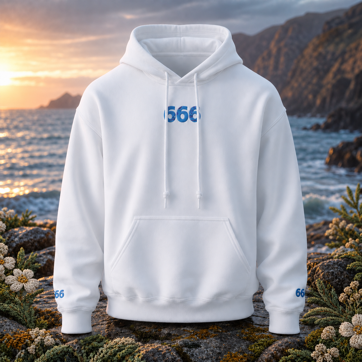 666 Ocean Angel Number Hoodie in White β Bright Future product image β original product in a realistic nature scene with embroidered environmental details.