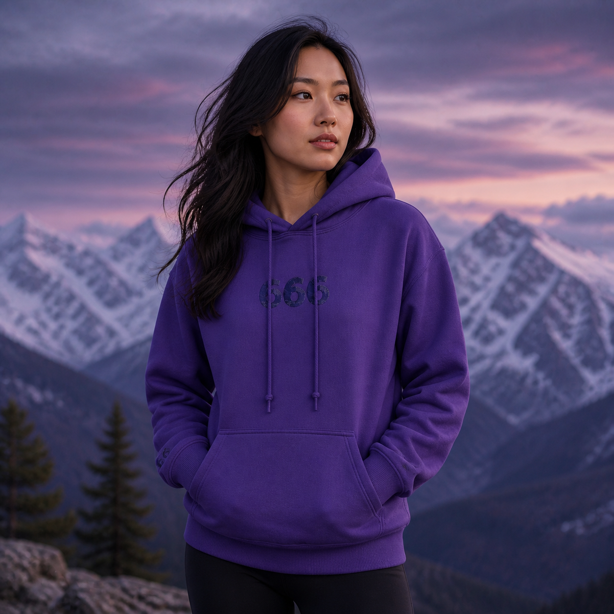 666 Snowy Mountain Angel Number Hoodie in Purple – Bright Future product image