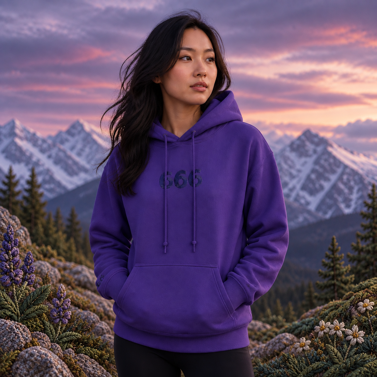 666 Snowy Mountain Angel Number Hoodie in Purple – Bright Future product image — realistic model in an embroidered nature scene.