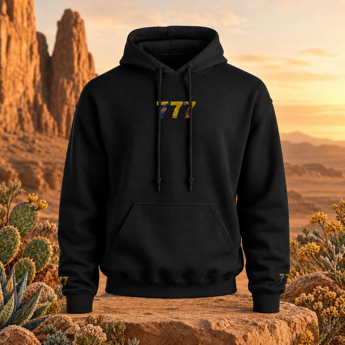 777 Desert Angel Number Hoodie in Black – Bright Future product image — original product in a realistic nature scene with embroidered environmental details.