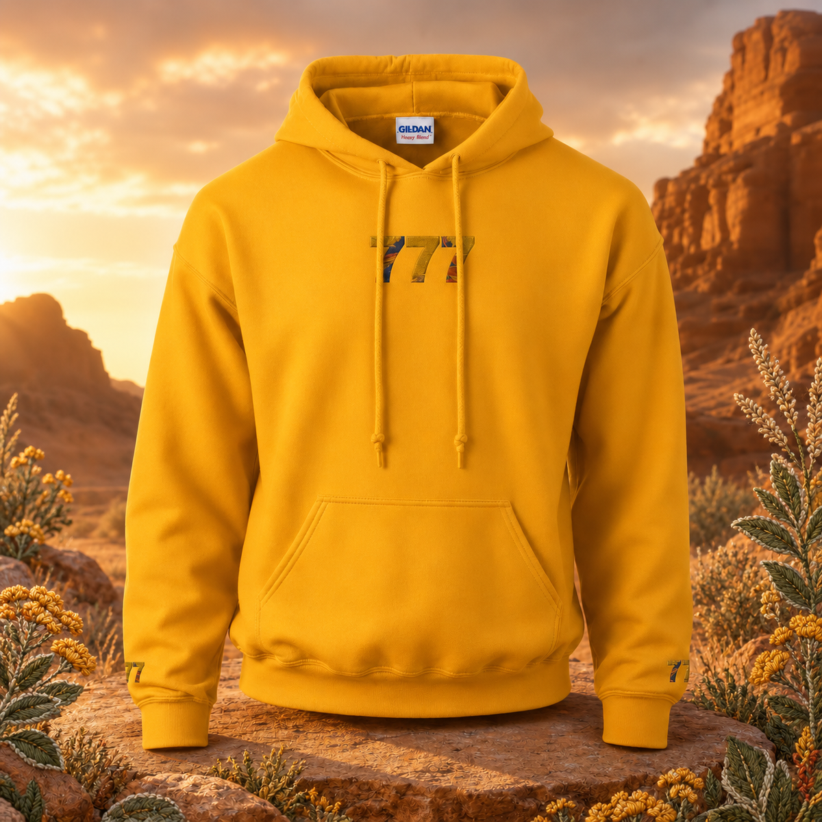 777 Desert Angel Number Hoodie in Gold – Bright Future product image — original product in a realistic nature scene with embroidered environmental details.