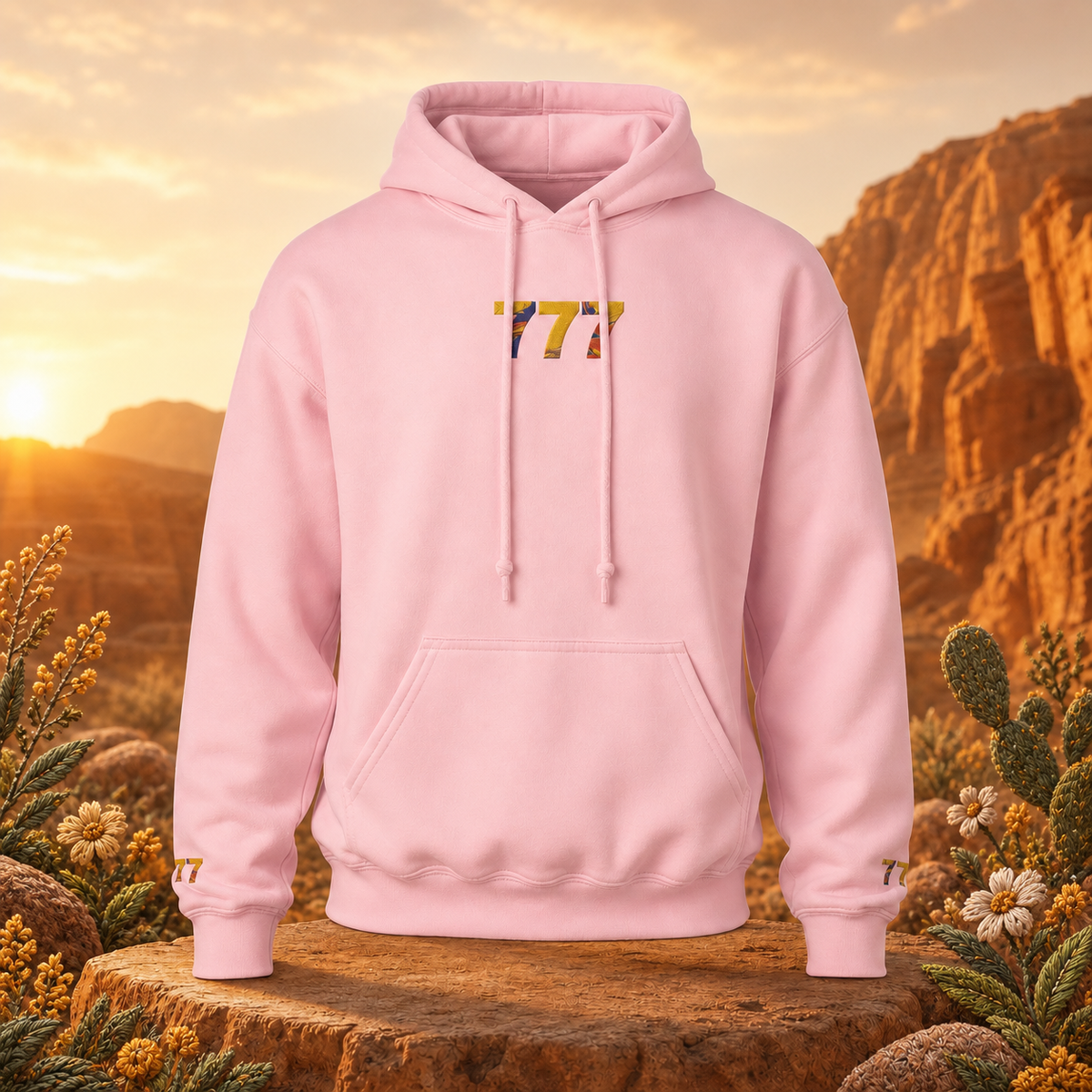 777 Desert Angel Number Hoodie in Light Pink – Bright Future product image — original product in a realistic nature scene with embroidered environmental details.