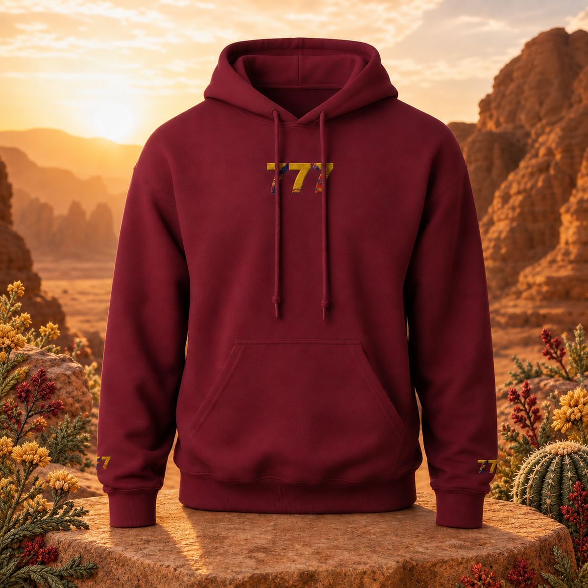 777 Desert Angel Number Hoodie in Maroon – Bright Future product image — original product in a realistic nature scene with embroidered environmental details.