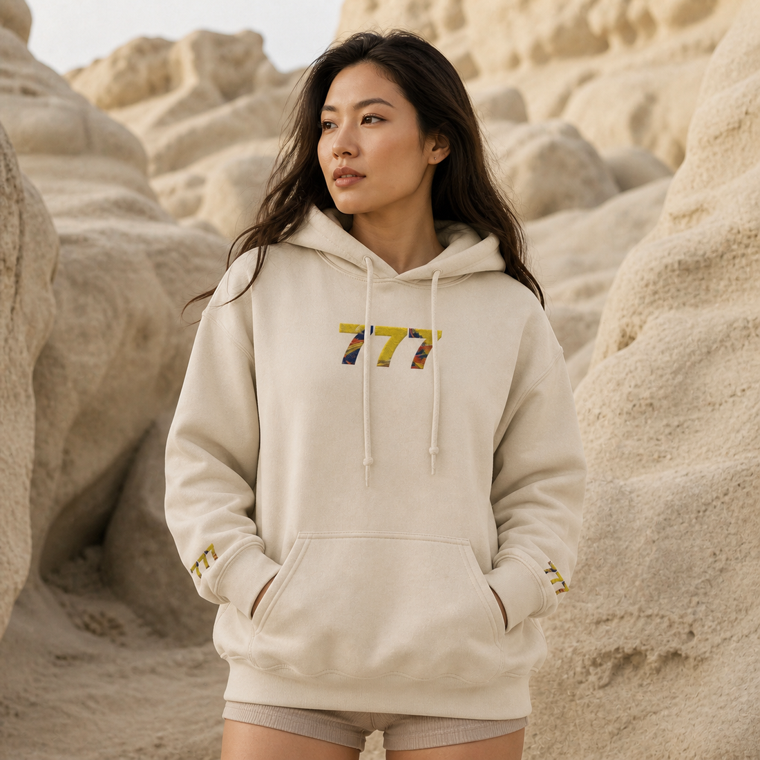 777 Desert Angel Number Hoodie in Sand – Bright Future product image