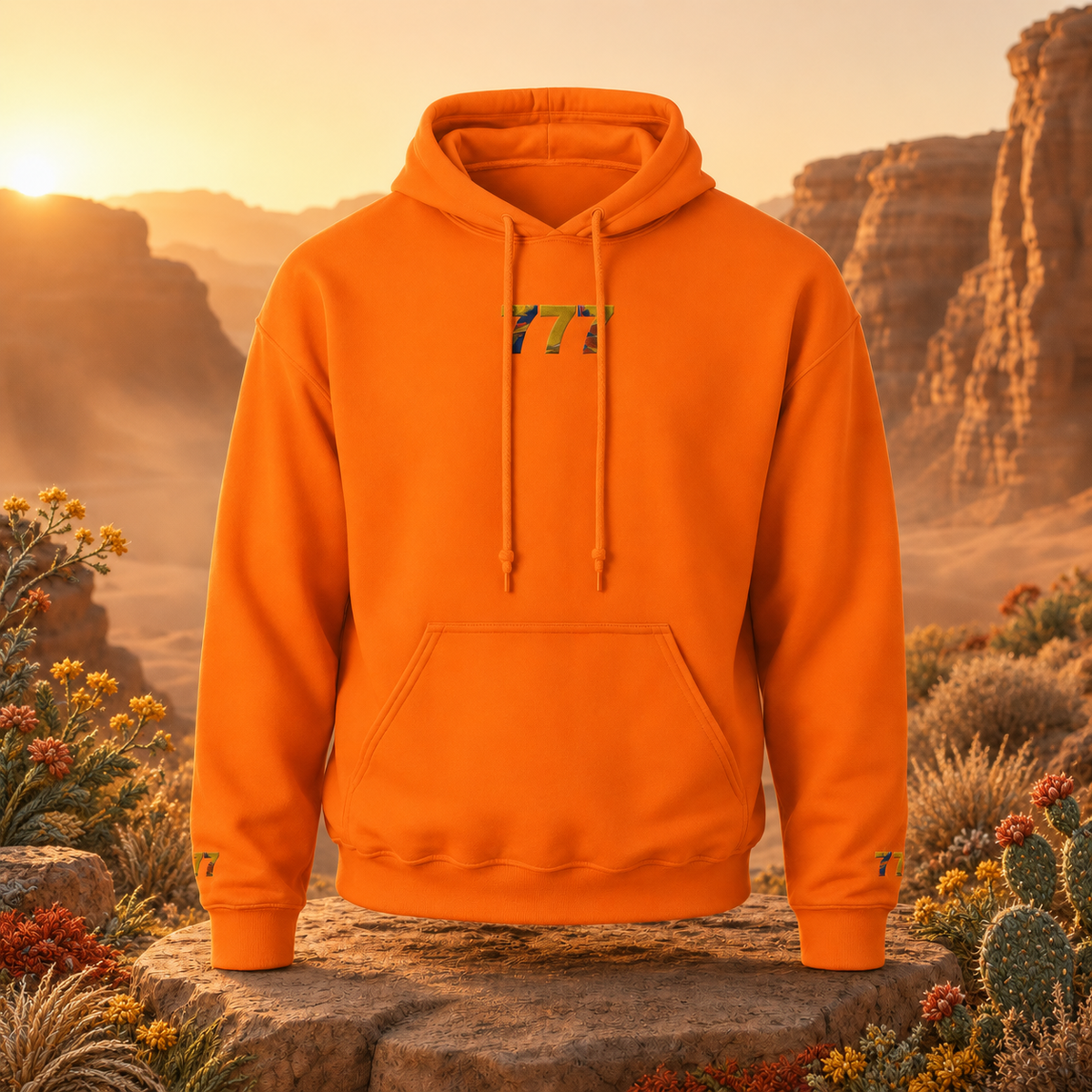 777 Desert Angel Number Hoodie in Orange – Bright Future product image — original product in a realistic nature scene with embroidered environmental details.