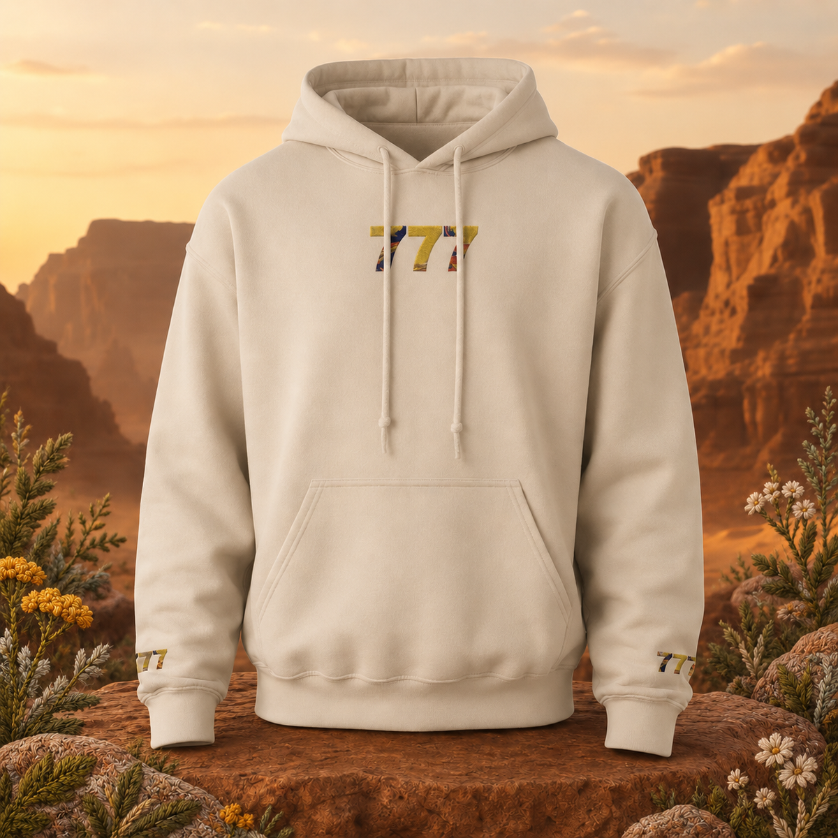 777 Desert Angel Number Hoodie in Sand – Bright Future product image — original product in a realistic nature scene with embroidered environmental details.