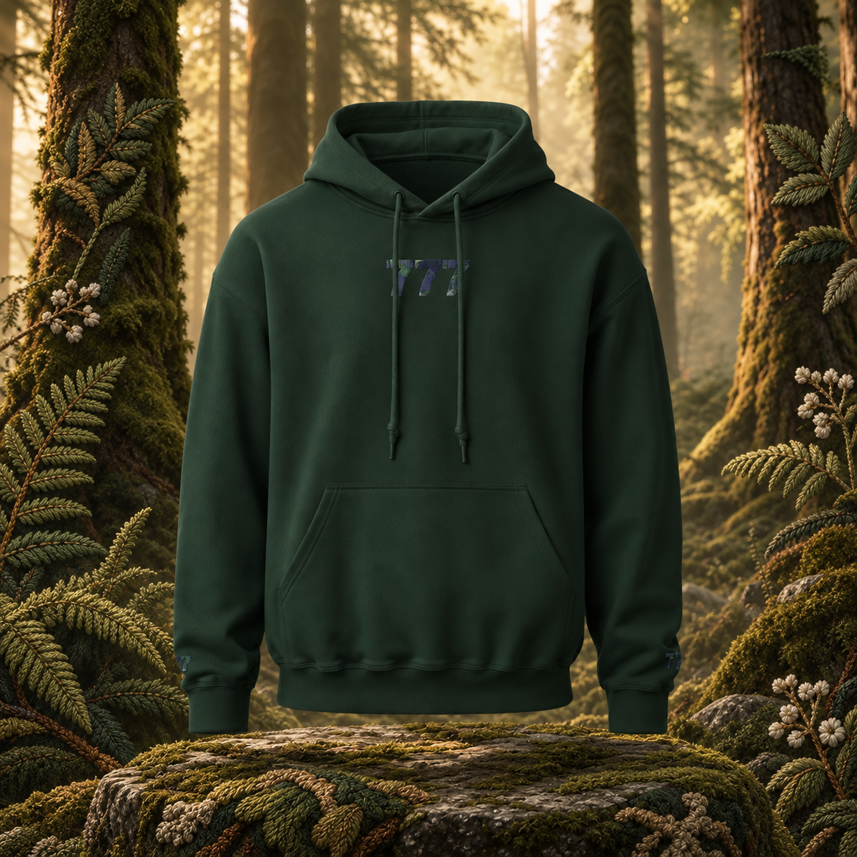 777 Forest Angel Number Hoodie in Forest Green – Bright Future product image — original product in a realistic nature scene with embroidered environmental details.