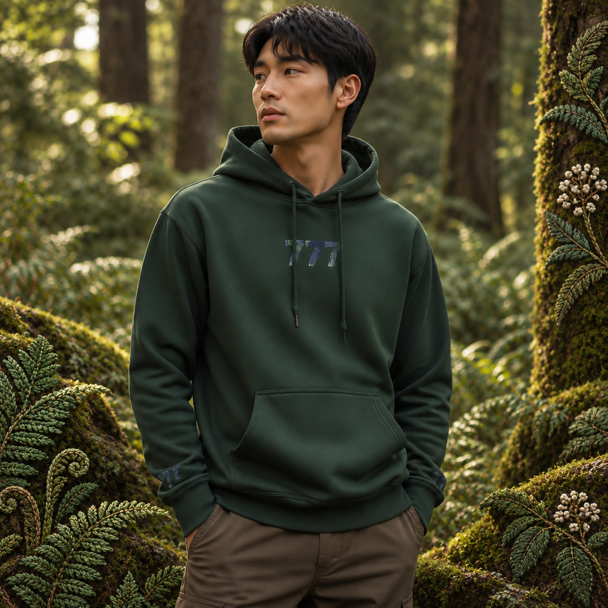 777 Forest Angel Number Hoodie in Forest Green – Bright Future product image — realistic model in an embroidered nature scene.
