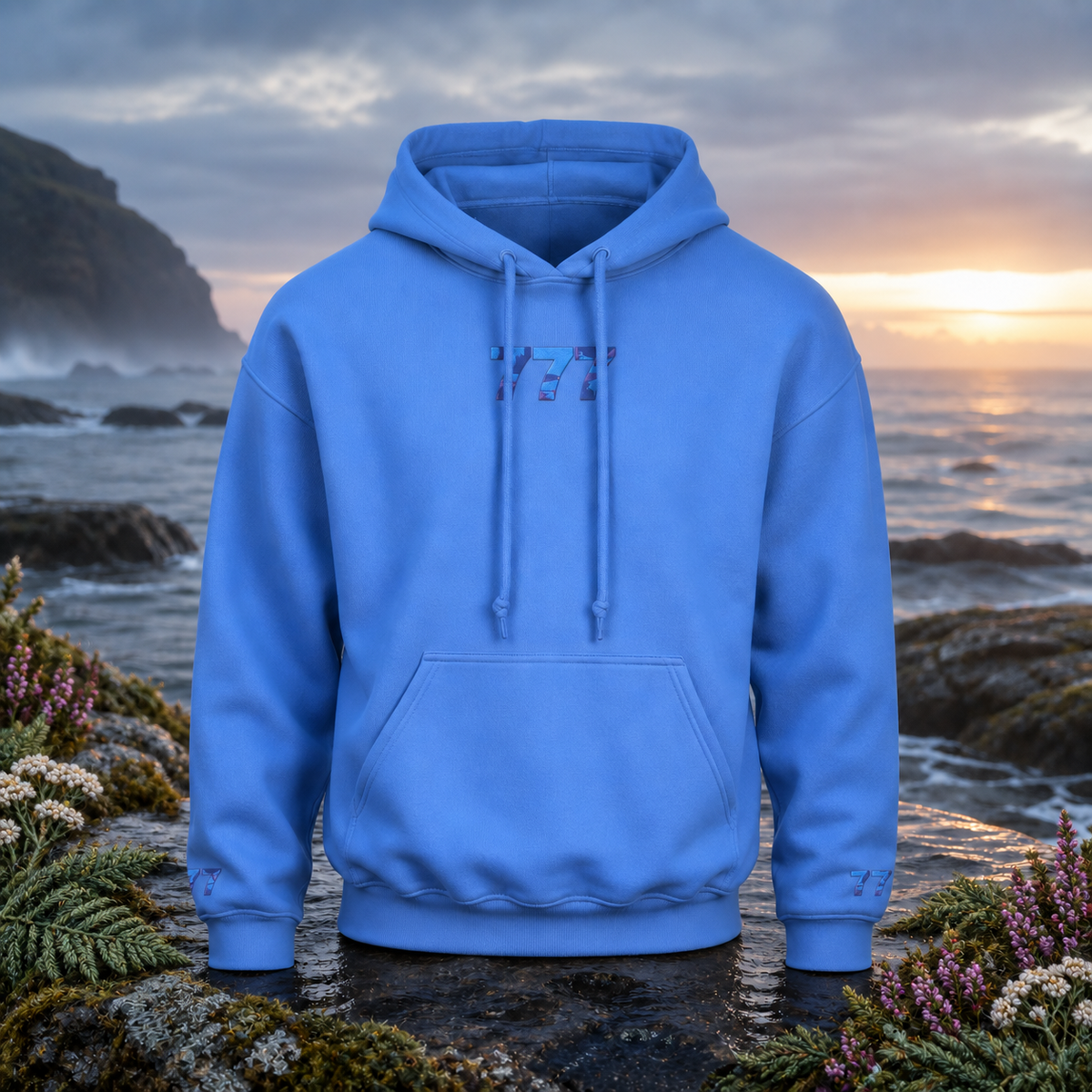 777 Ocean Angel Number Hoodie in Carolina Blue β Bright Future product image β original product in a realistic nature scene with embroidered environmental details.