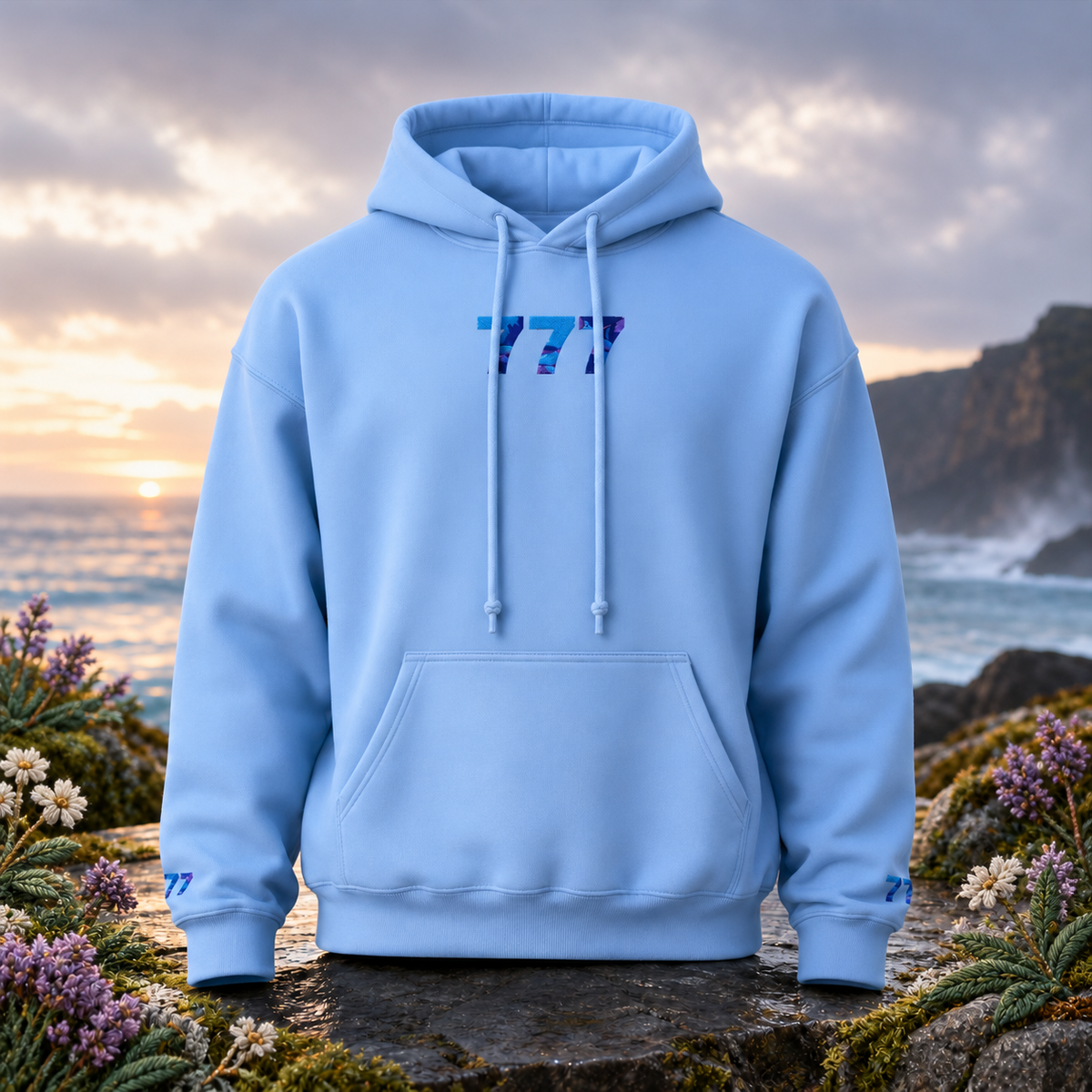 777 Ocean Angel Number Hoodie in Light Blue β Bright Future product image β original product in a realistic nature scene with embroidered environmental details.