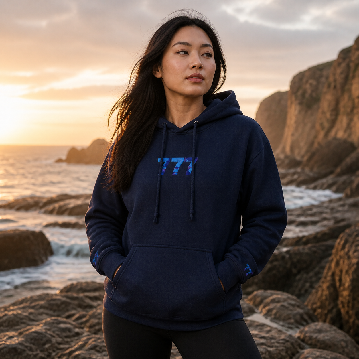 777 Ocean Angel Number Hoodie in Navy – Bright Future product image