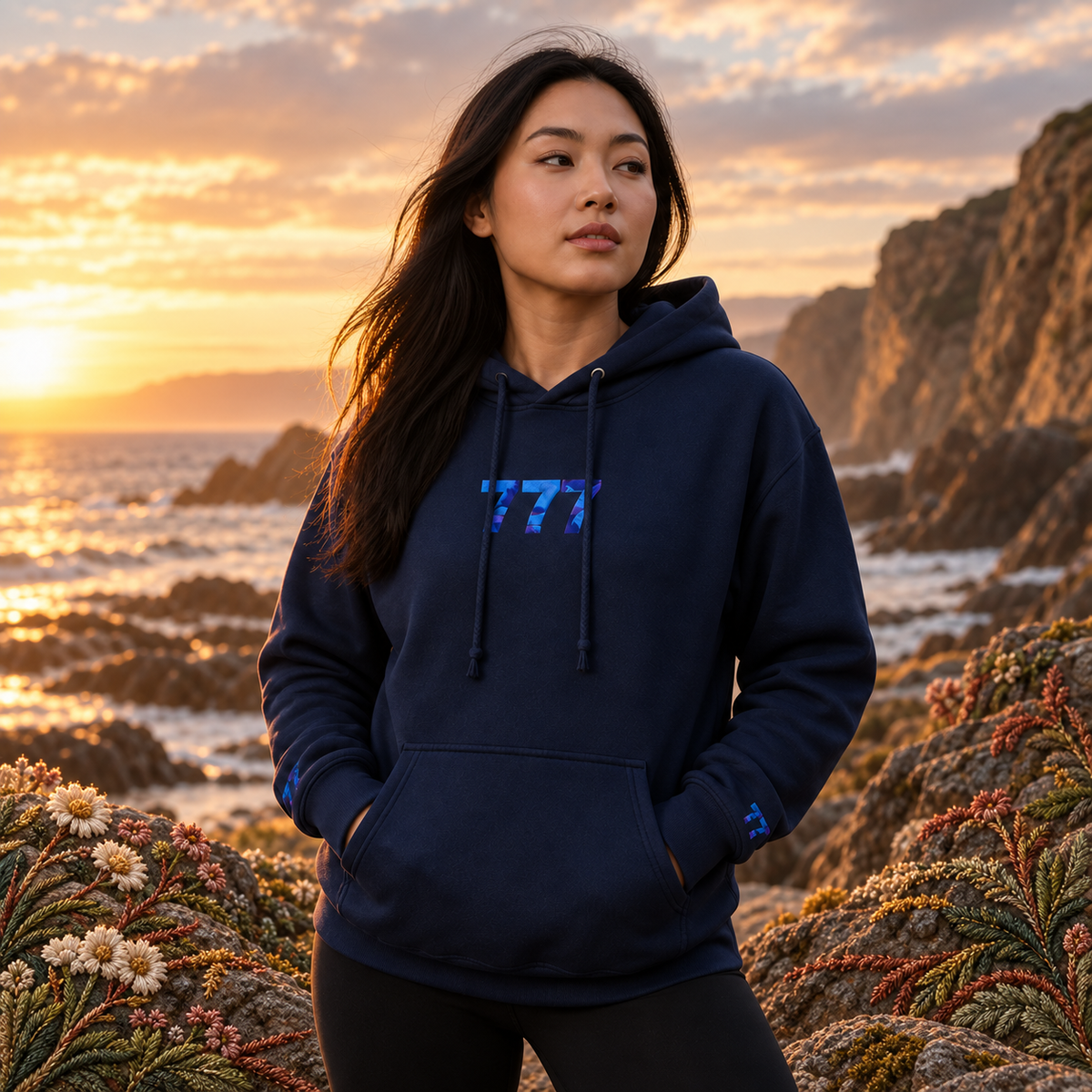 777 Ocean Angel Number Hoodie in Navy β Bright Future product image β realistic model in an embroidered nature scene.