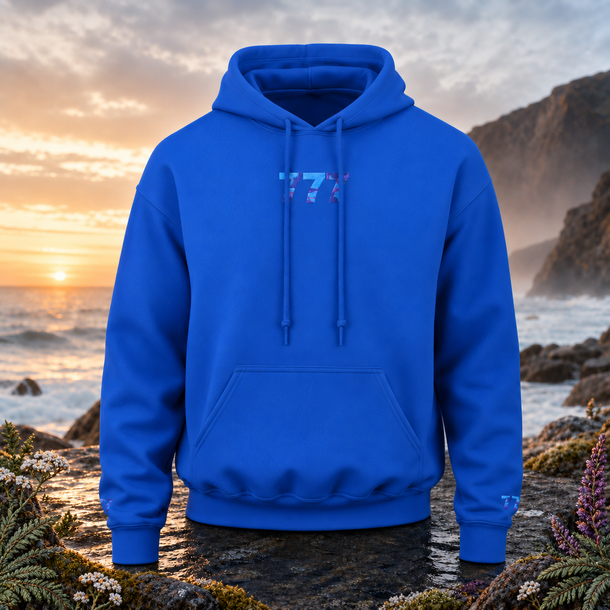 777 Ocean Angel Number Hoodie β Bright Future product image β original product in a realistic nature scene with embroidered environmental details.