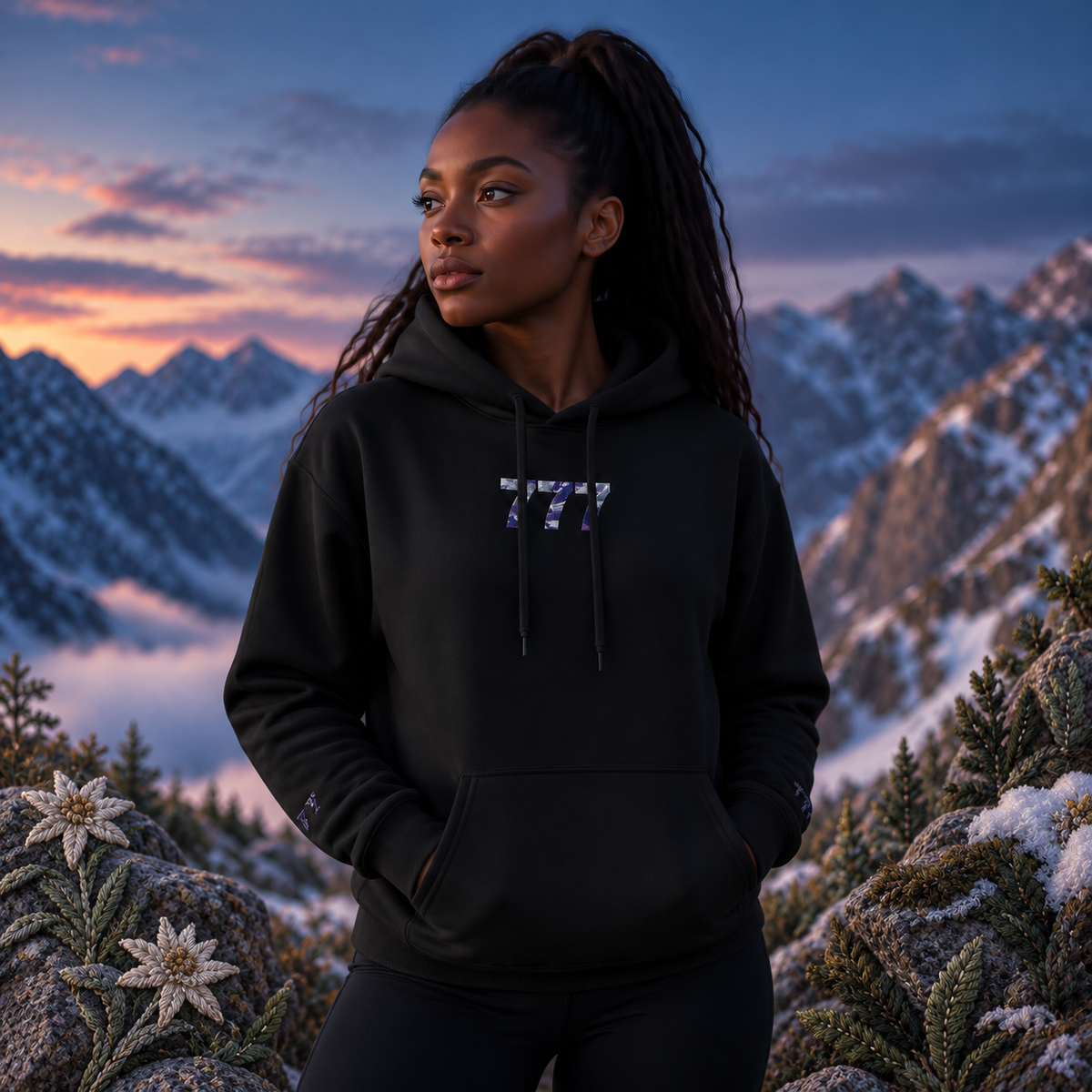 777 Snowy Mountain Angel Number Hoodie in Black – Bright Future product image — realistic model in an embroidered nature scene.