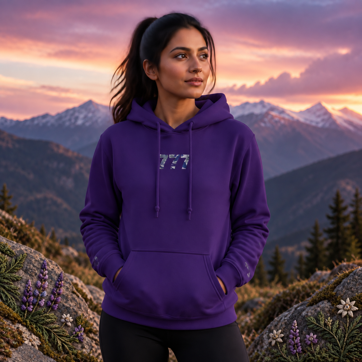 777 Snowy Mountain Angel Number Hoodie in Purple – Bright Future product image — realistic model in an embroidered nature scene.