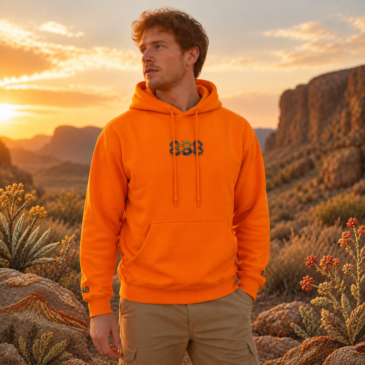 888 Desert Angel Number Hoodie in Orange – Bright Future product image — realistic model in an embroidered nature scene.