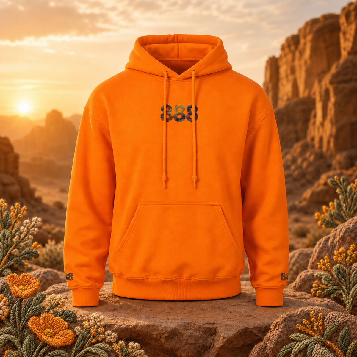 888 Desert Angel Number Hoodie in Orange – Bright Future product image — original product in a realistic nature scene with embroidered environmental details.