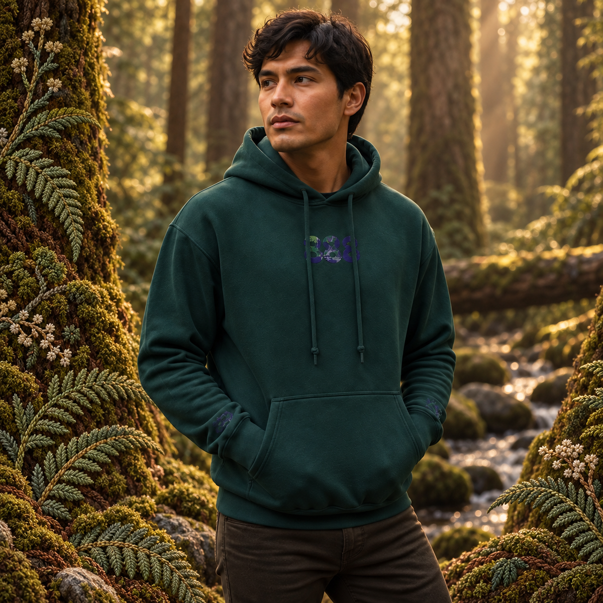 888 Forest Angel Number Hoodie in Forest Green – Bright Future product image — realistic model in an embroidered nature scene.