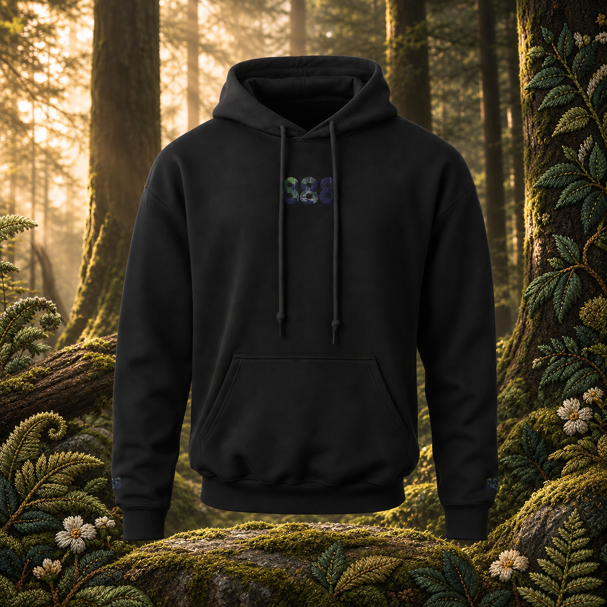888 Forest Angel Number Hoodie in Black – Bright Future product image — original product in a realistic nature scene with embroidered environmental details.