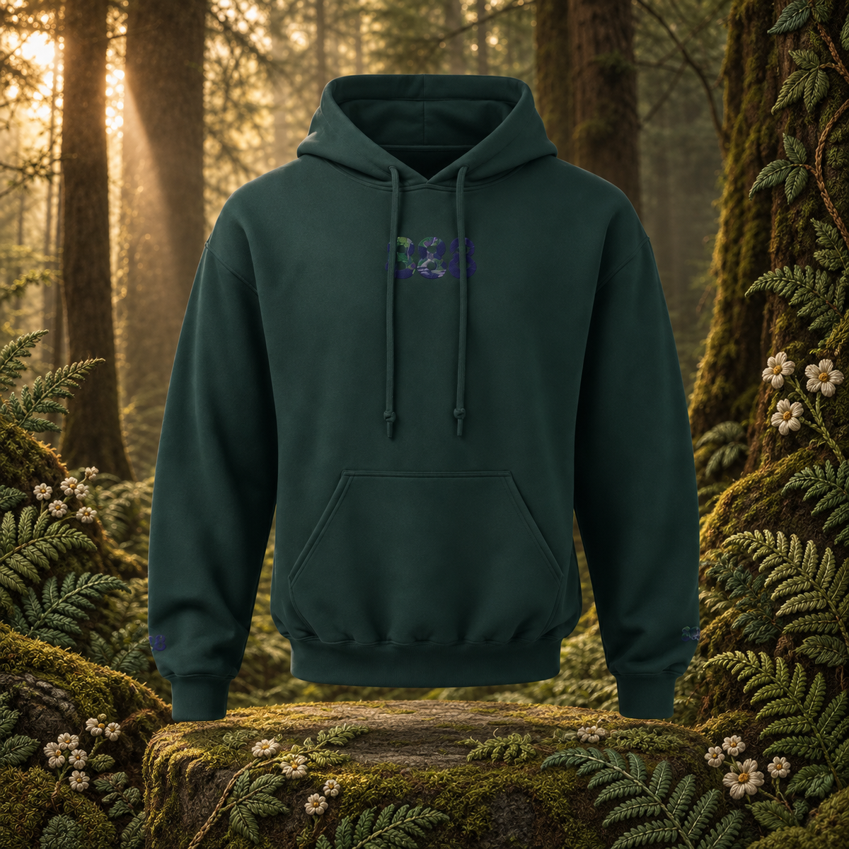 888 Forest Angel Number Hoodie in Forest Green – Bright Future product image — original product in a realistic nature scene with embroidered environmental details.