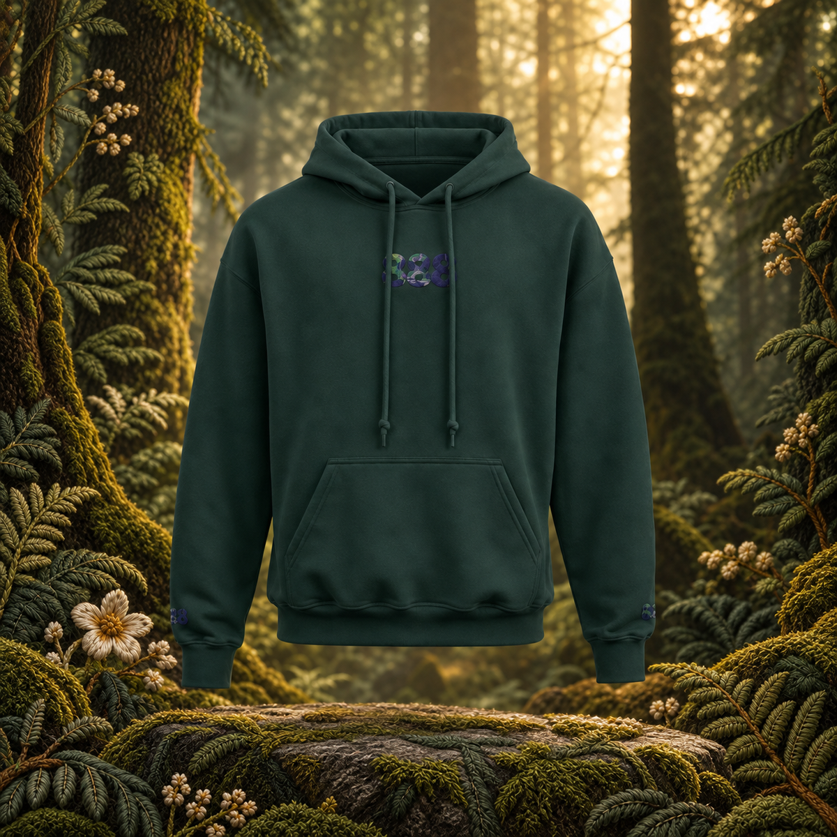 888 Forest Angel Number Hoodie in Military Green – Bright Future product image — original product in a realistic nature scene with embroidered environmental details.