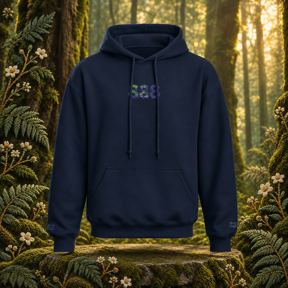 888 Forest Angel Number Hoodie in Navy – Bright Future product image — original product in a realistic nature scene with embroidered environmental details.