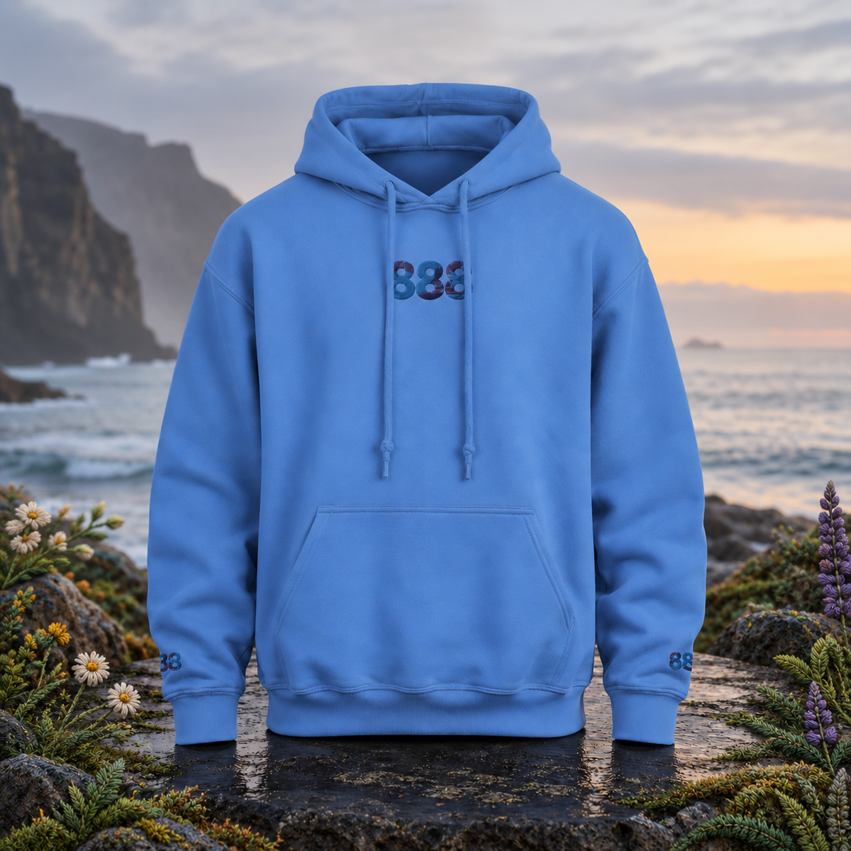 888 Ocean Angel Number Hoodie in Carolina Blue β Bright Future product image β original product in a realistic nature scene with embroidered environmental details.