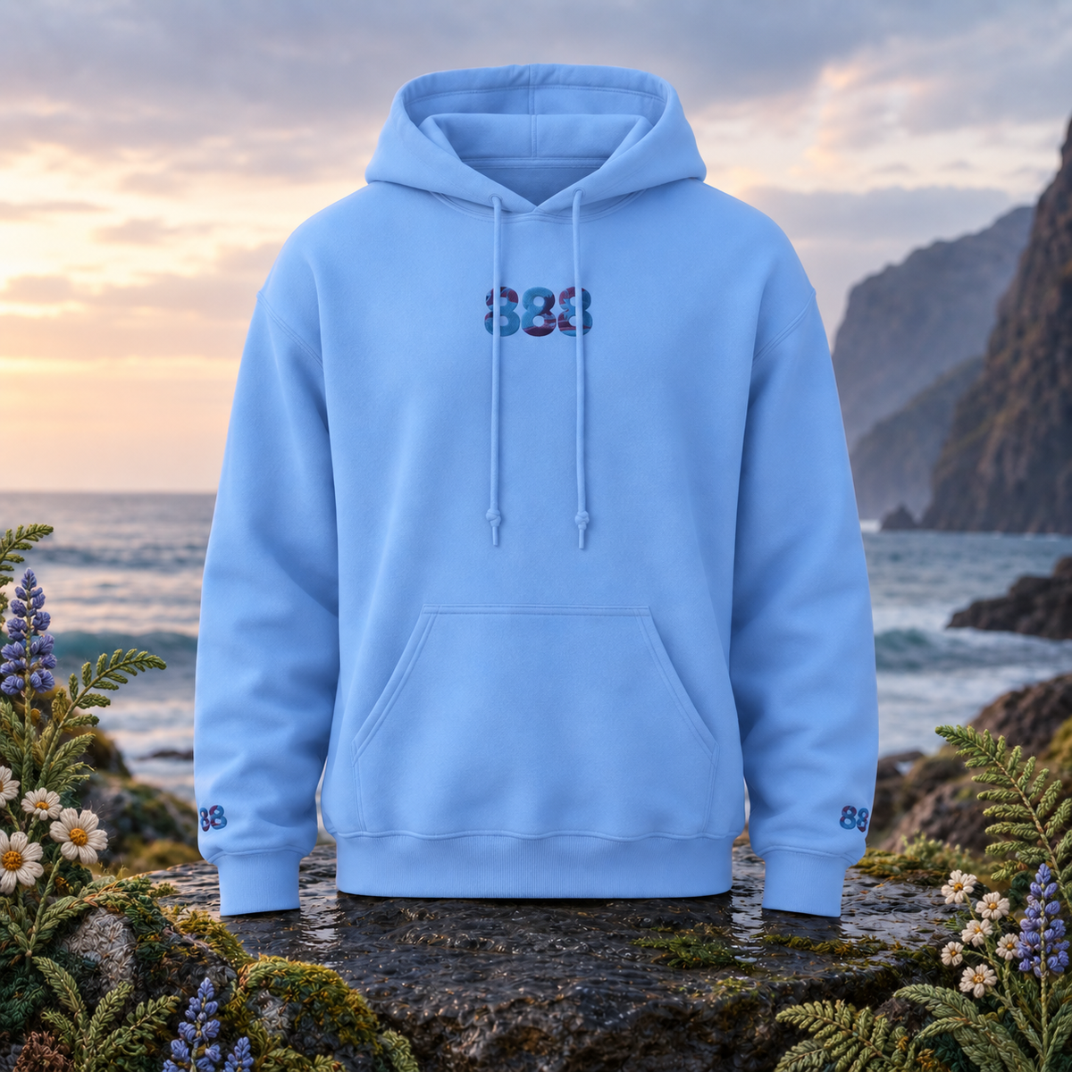 888 Ocean Angel Number Hoodie in Light Blue β Bright Future product image β original product in a realistic nature scene with embroidered environmental details.