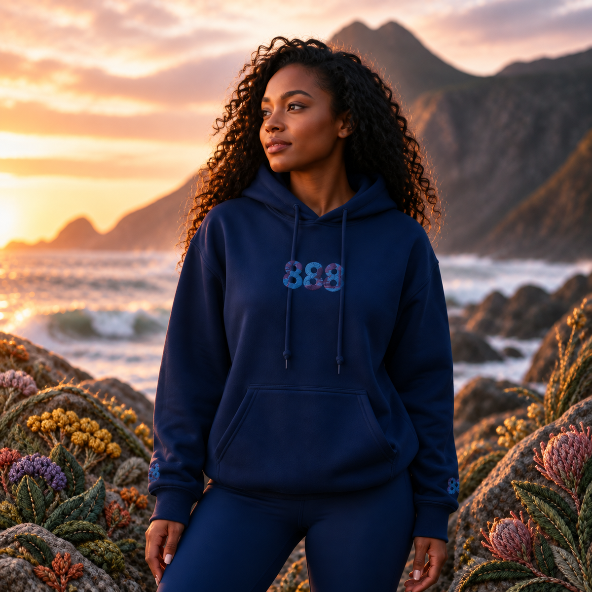888 Ocean Angel Number Hoodie in Navy β Bright Future product image β realistic model in an embroidered nature scene.