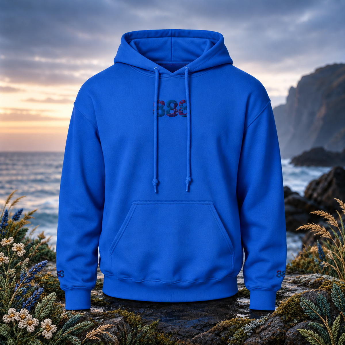 888 Ocean Angel Number Hoodie β Bright Future product image β original product in a realistic nature scene with embroidered environmental details.
