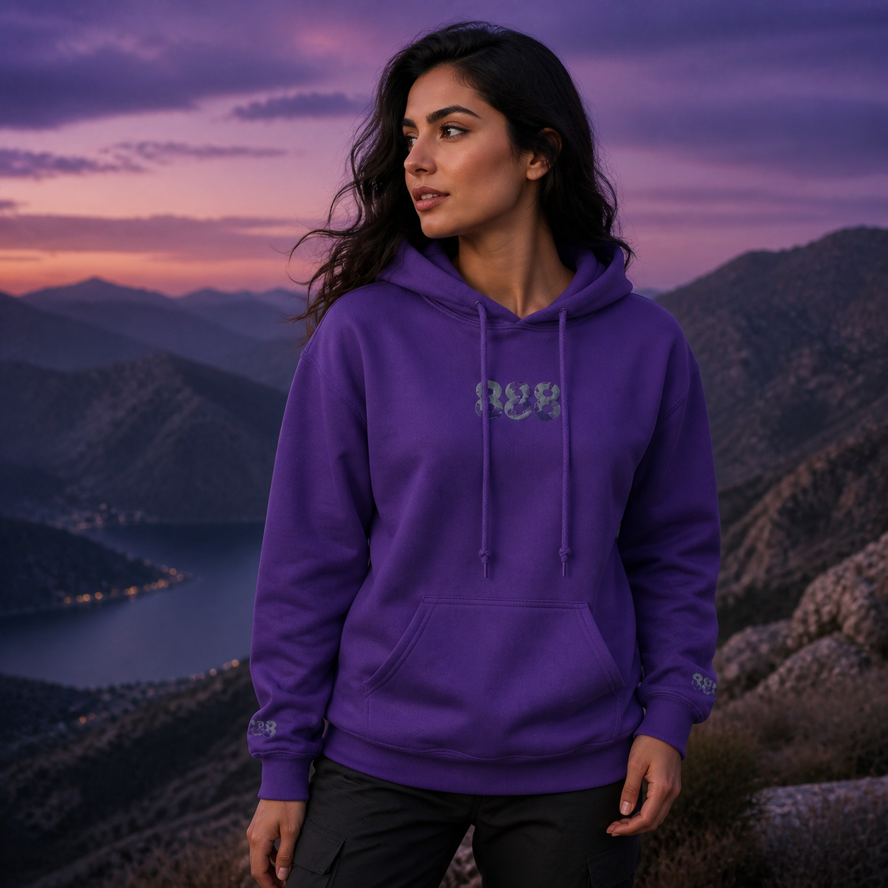 888 Snowy Mountain Angel Number Hoodie in Purple – Bright Future product image
